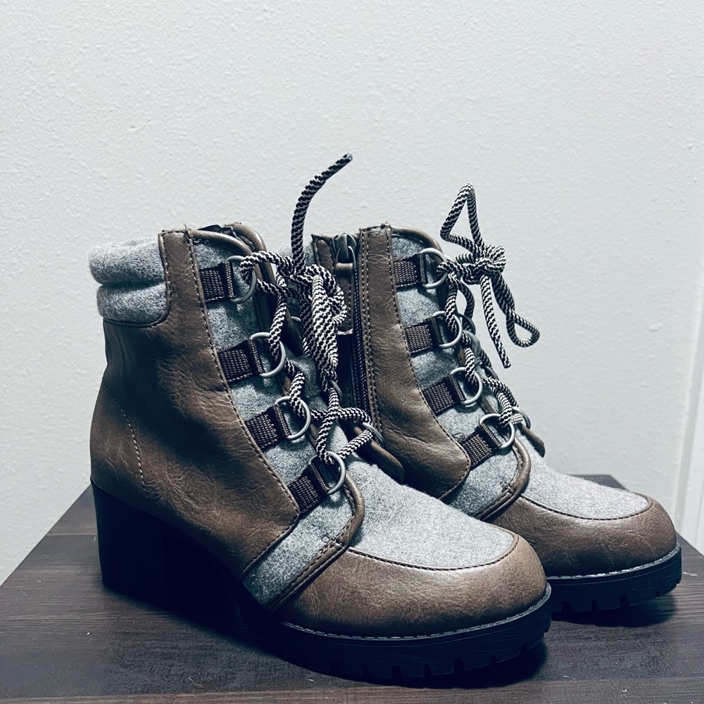 Scoop Sadie Brown and gray lace-up heel bootie.